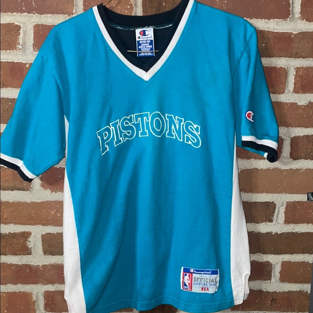 Vintage Champion Pistons Teal and White shooting shirt, awesome logo back